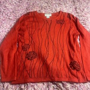 100%cashmere Red Sweater with Black Floral Accent size M
